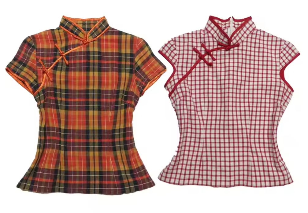 Plaid Mandarin Collar Top – Chinese Streetwear Aesthetic Slim Tee | Eastcore