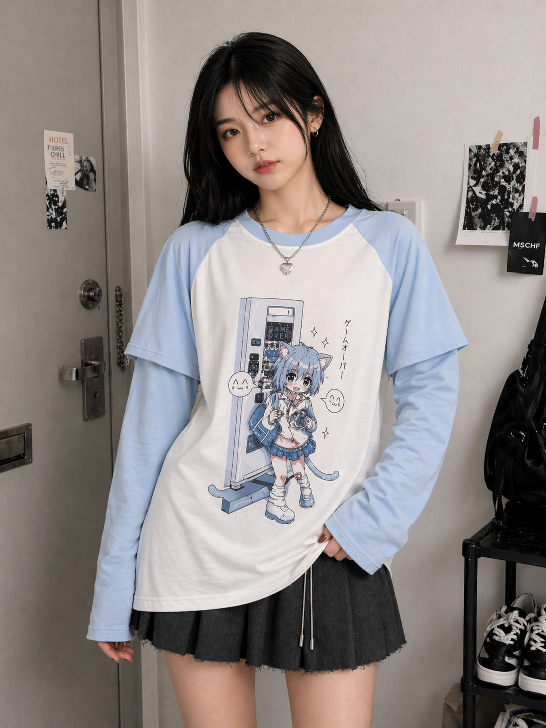 Removable Sleeve Graphic Tee – Japanese Y2K Streetwear Top (Switch)