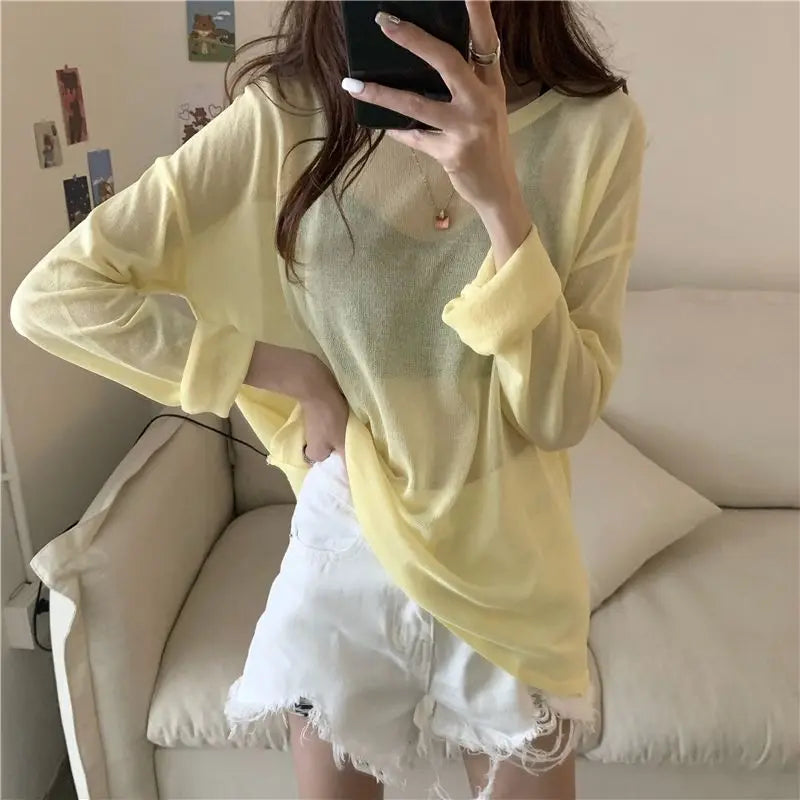 Sheer Long Sleeve Summer Layer Top – Korean Ulzzang Loose Fit Tee