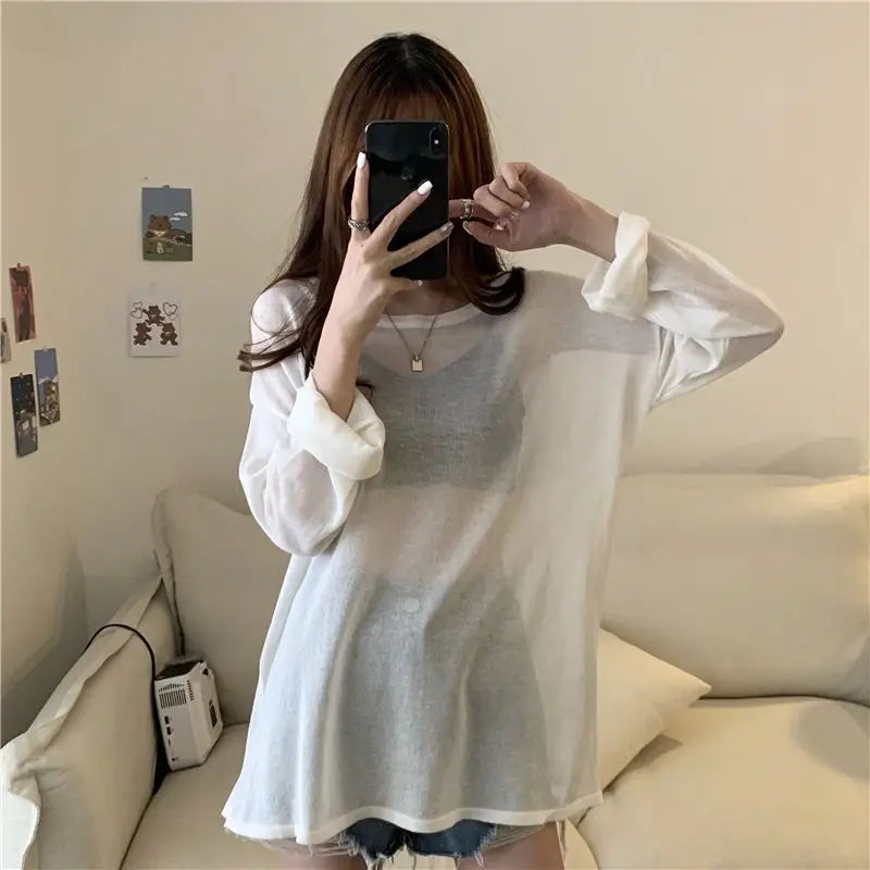 Sheer Long Sleeve Summer Layer Top – Korean Ulzzang Loose Fit Tee