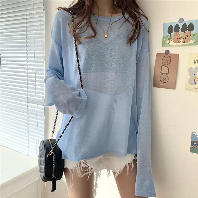 Sheer Long Sleeve Summer Layer Top – Korean Ulzzang Loose Fit Tee
