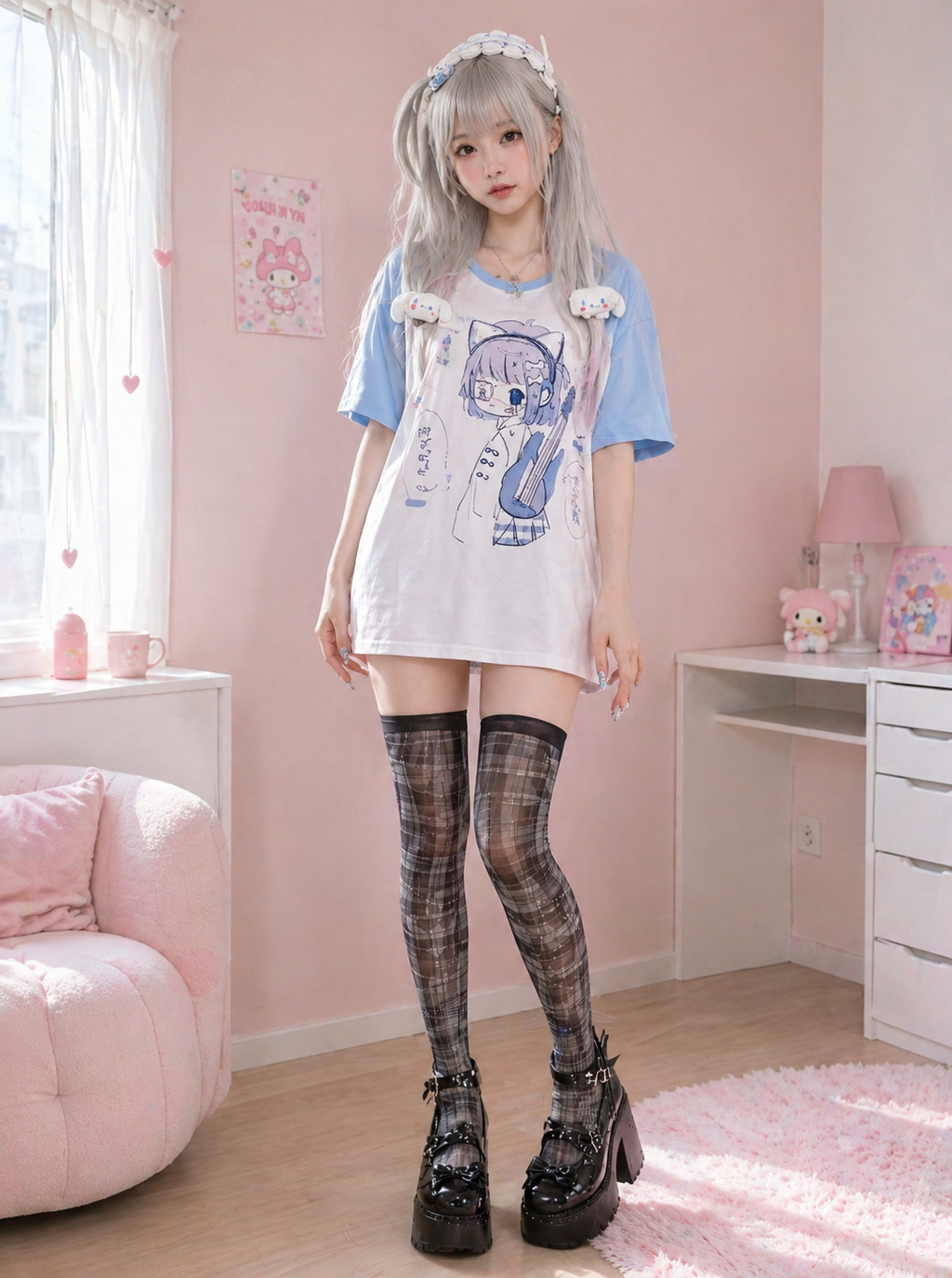 Harajuku Sky Blue Anime Tee – Kawaii Oversized (Muse)