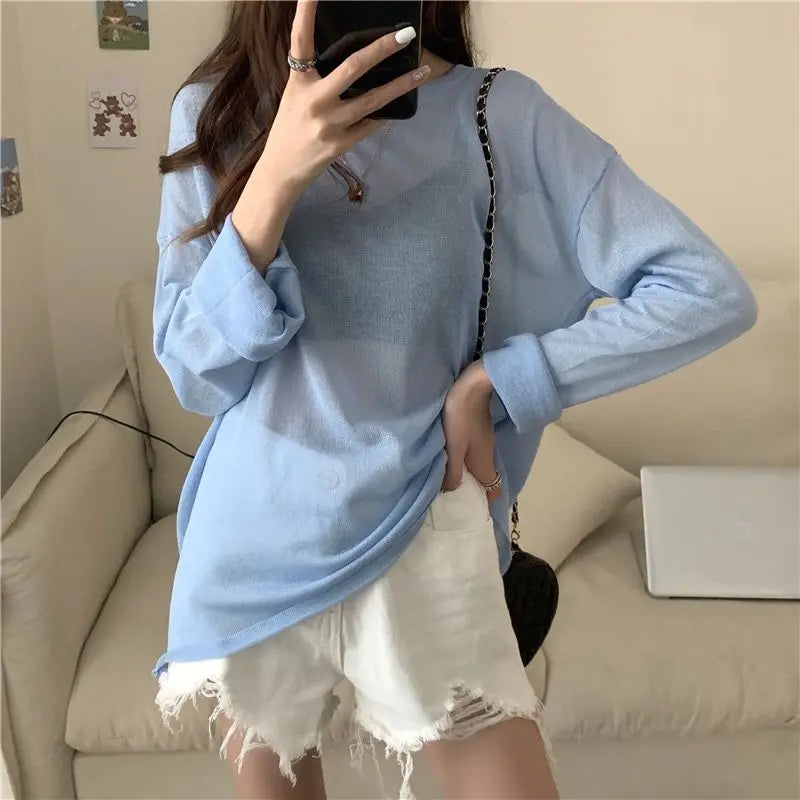 Sheer Long Sleeve Summer Layer Top – Korean Ulzzang Loose Fit Tee
