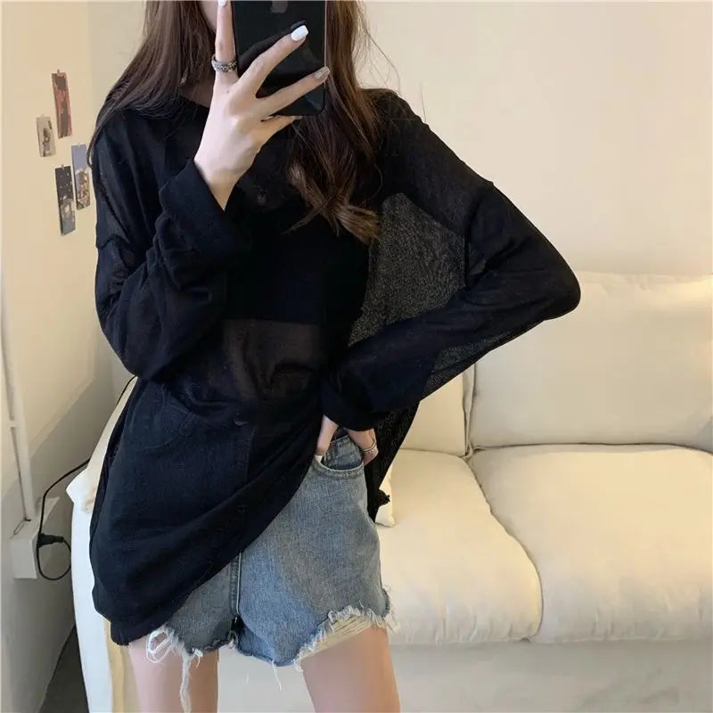 Sheer Long Sleeve Summer Layer Top – Korean Ulzzang Loose Fit Tee