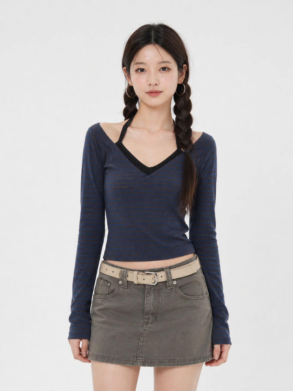 Patchwork Long Sleeve Crop Top – Korean Y2K Vintage (Muse)