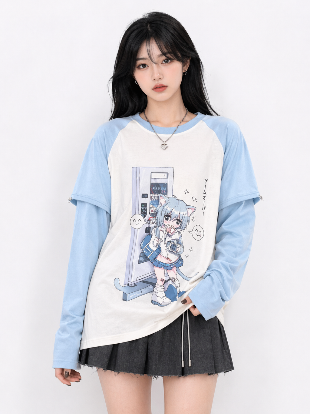 Removable Sleeve Graphic Tee – Japanese Y2K Streetwear Top (Switch)