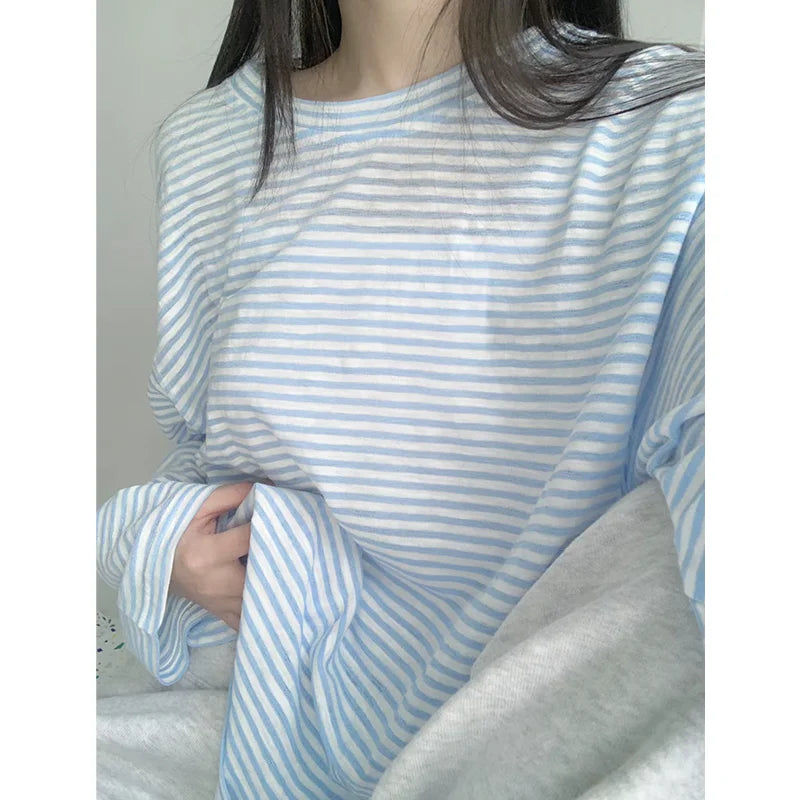 Korean Soft Stripe Long Sleeve Tee – Minimal Oversized O-Neck Top | CheckStreet