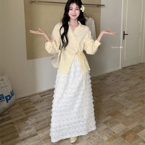 Korean Preppy Tie-Up Shirt – Soft Chiffon Oversized Blouse