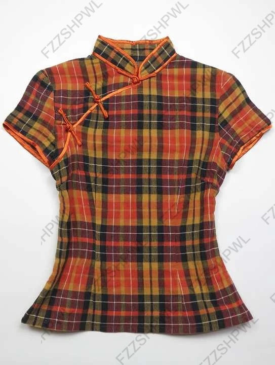Plaid Mandarin Collar Top – Chinese Streetwear Aesthetic Slim Tee | Eastcore