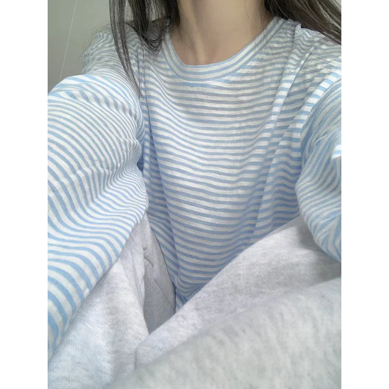 Korean Soft Stripe Long Sleeve Tee – Minimal Oversized O-Neck Top | CheckStreet