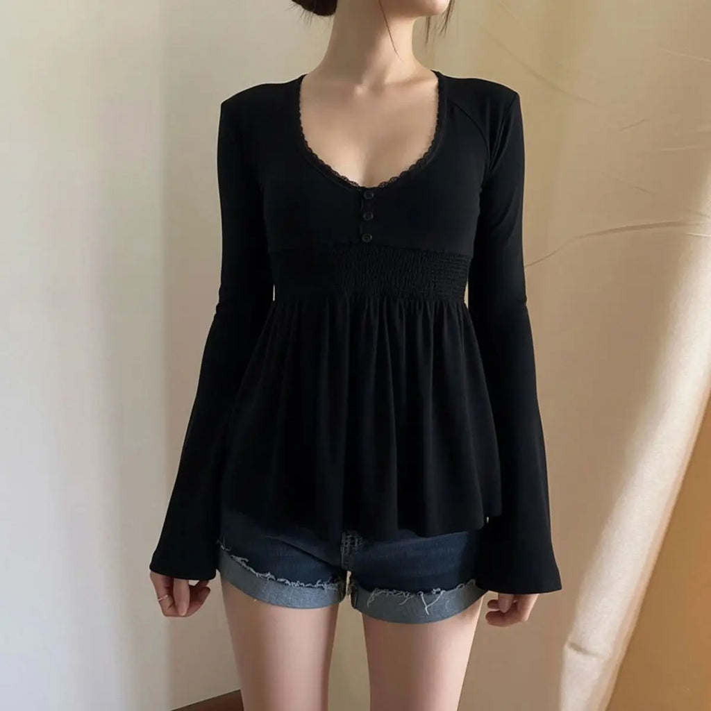 Lace Patchwork Flare Sleeve Top – Y2K Soft Grunge Aesthetic Babydoll Tee | Softgrunge