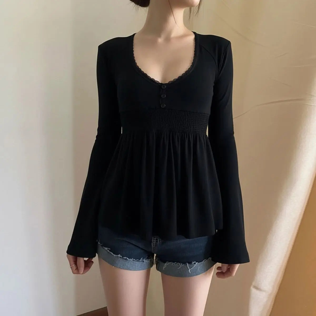 Lace Patchwork Flare Sleeve Top – Y2K Soft Grunge Aesthetic Babydoll Tee | Softgrunge