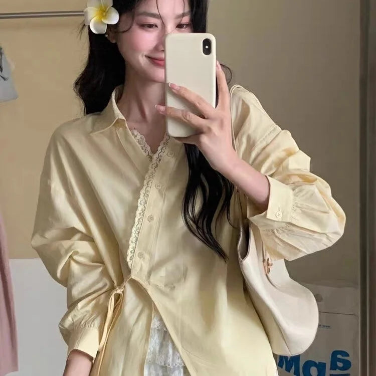 Korean Preppy Tie-Up Shirt – Soft Chiffon Oversized Blouse