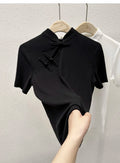Minimal Mandarin Collar Top – Knot Button Slim Tee | Eastcore Essential