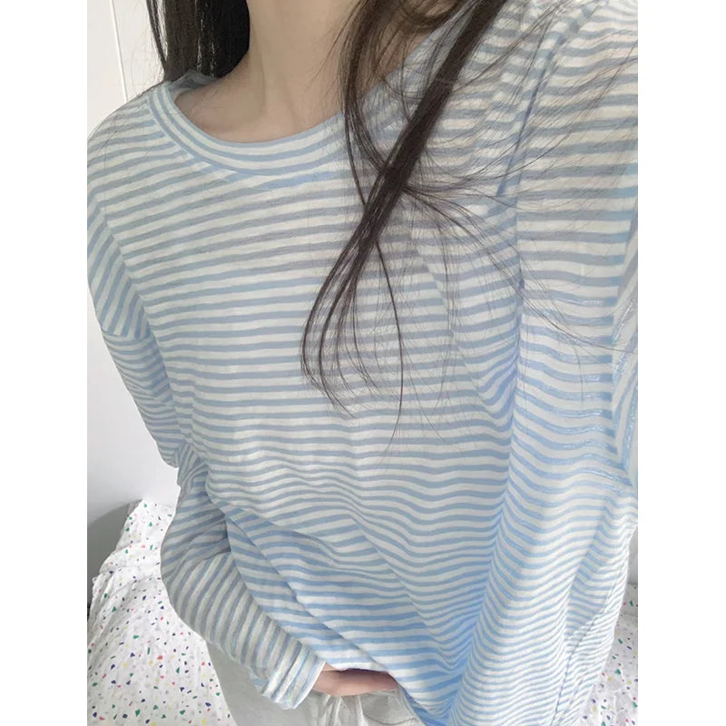 Korean Soft Stripe Long Sleeve Tee – Minimal Oversized O-Neck Top | CheckStreet