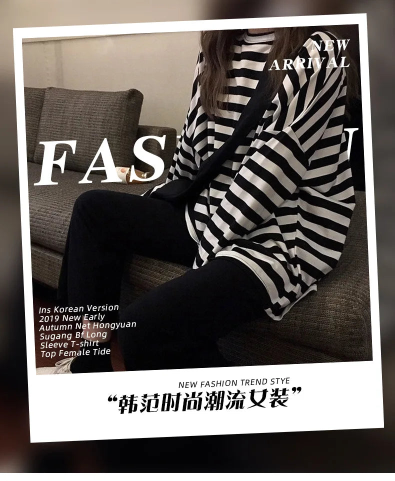 Mono Stripe Long Sleeve Tee – Korean Oversized Streetwear Top | Minimalcore