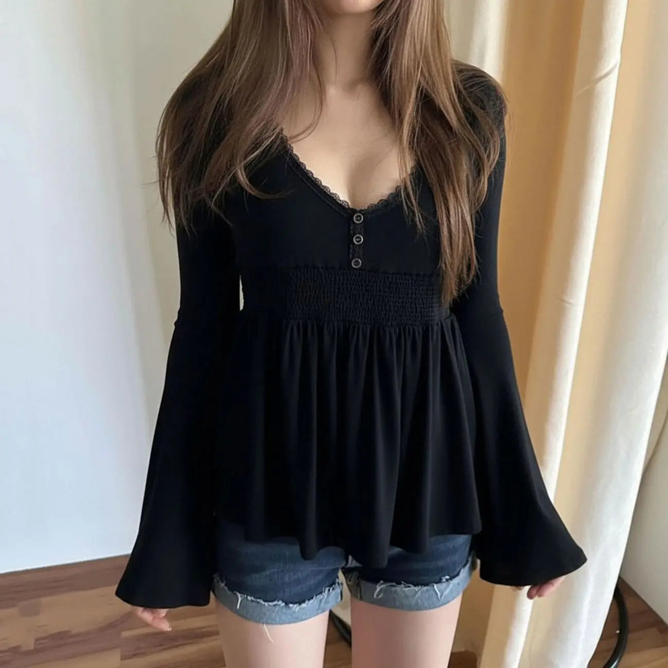 Lace Patchwork Flare Sleeve Top – Y2K Soft Grunge Aesthetic Babydoll Tee | Softgrunge