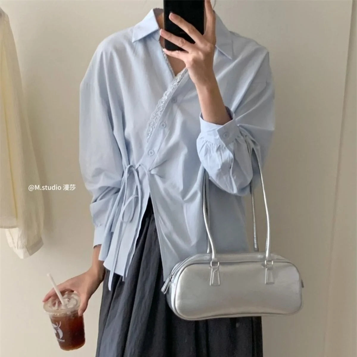 Korean Preppy Tie-Up Shirt – Soft Chiffon Oversized Blouse