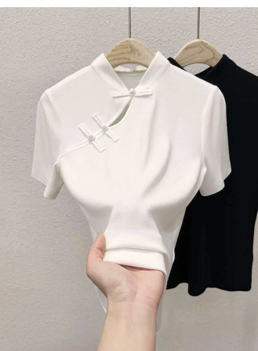 Minimal Mandarin Collar Top – Knot Button Slim Tee | Eastcore Essential
