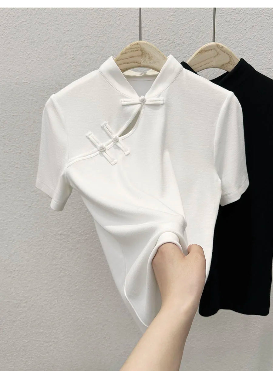 Minimal Mandarin Collar Top – Knot Button Slim Tee | Eastcore Essential