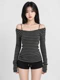 Striped Off-Shoulder Long Sleeve Top – Korean Y2K Slim Fit (Contour)