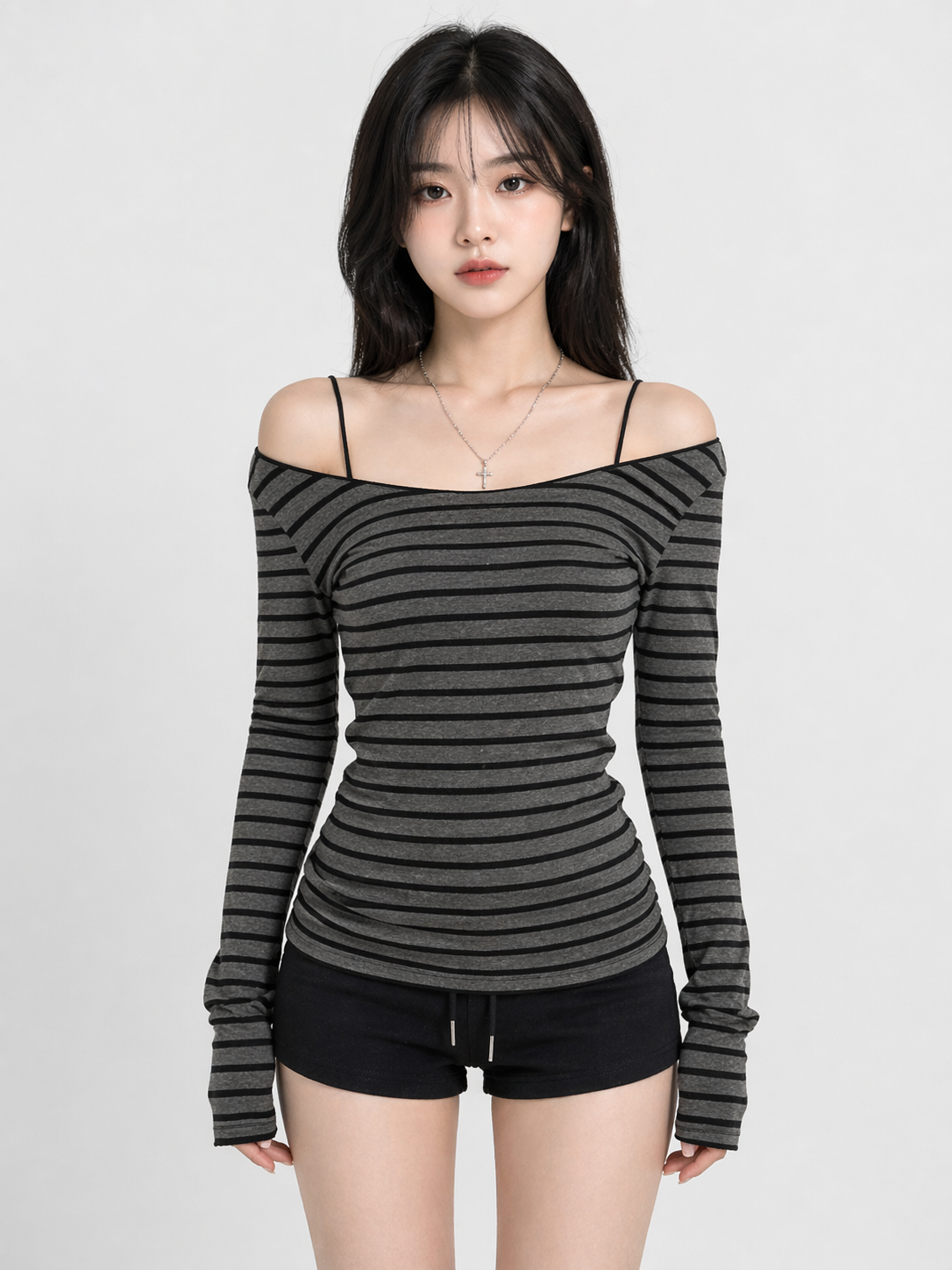 Striped Off-Shoulder Long Sleeve Top – Korean Y2K Slim Fit (Contour)
