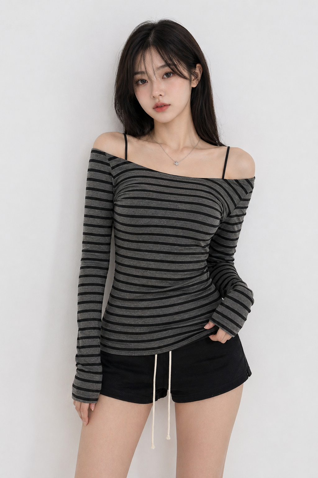 Striped Off-Shoulder Long Sleeve Top – Korean Y2K Slim Fit (Contour)